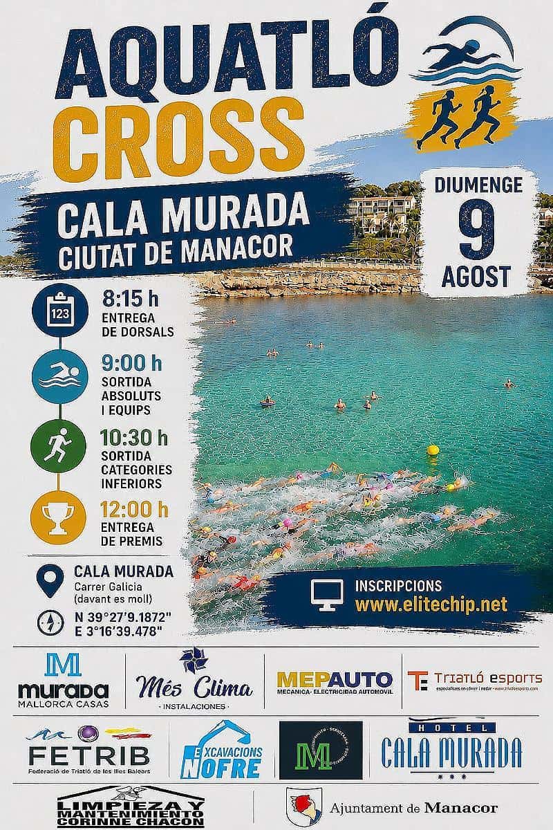 Aquatló Cross Cala Murada 2026 en Cala Murada (1km, 5km, 1.5km, 7.5km, 0.05km, 0.25km, 0.1km, 0.5km, 0.2km, 1km, 0.5km, 2.5km)