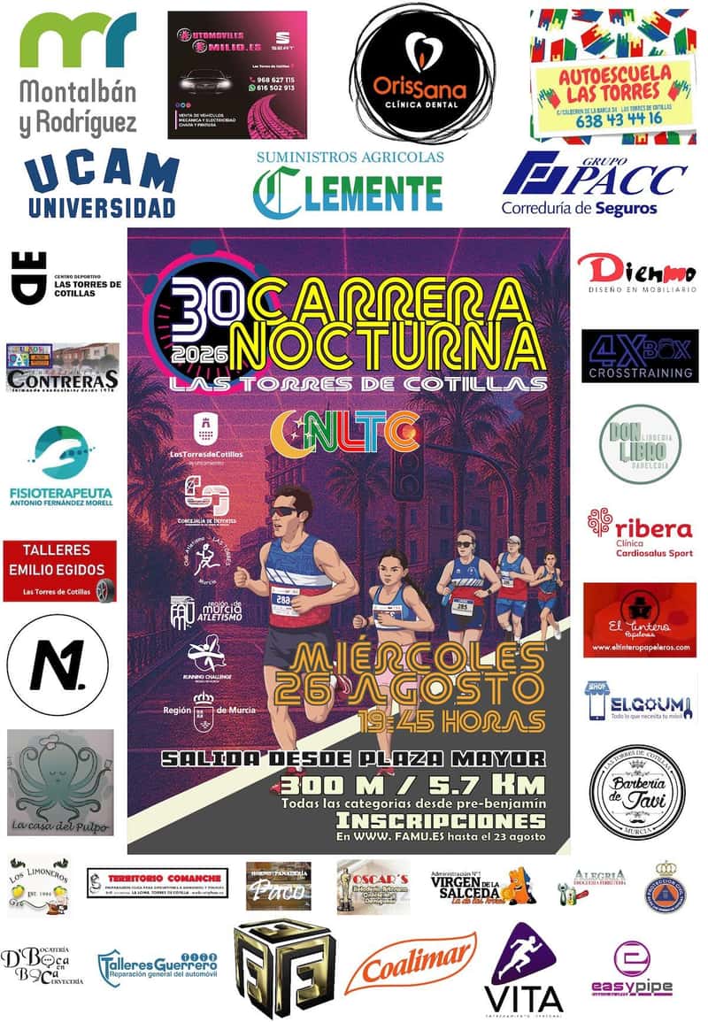 30ª Carrera Nocturna Fiestas de Las Torres 2026 en Las Torres de Cotillas (0.3km, 0.3km, 0.55km, 0.55km, 1.2km, 1.2km, 5.7km)