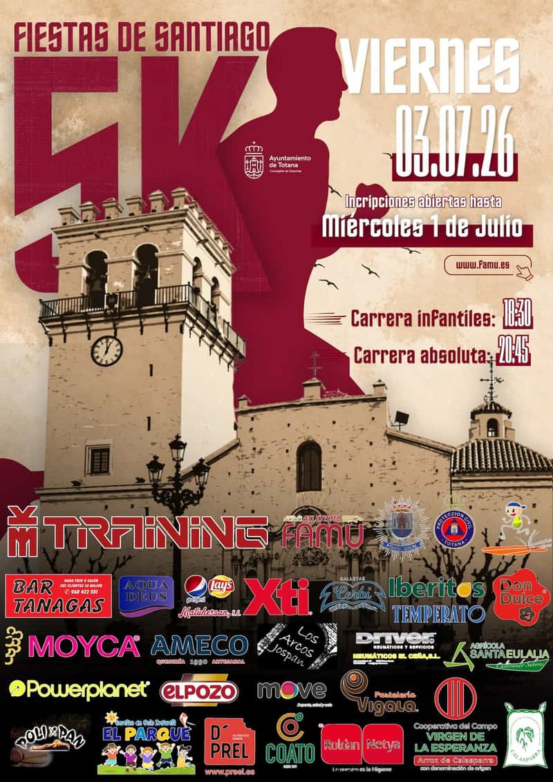5K Fiestas de Santiago Totana 2026 en Totana (0.25km, 0.4km, 0.6km, 1.1km, 1.4km, 2km, 5km)