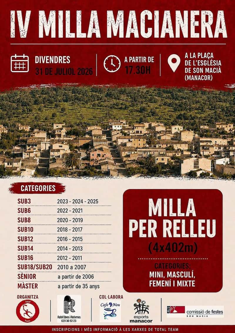 IV Milla Macianera 2026 en Son Macià (25m, 50m, 200m, 402m, 804m, 1.609km, 1.609km, 1.609km, 1.609km, 1.609km, 1.609km)