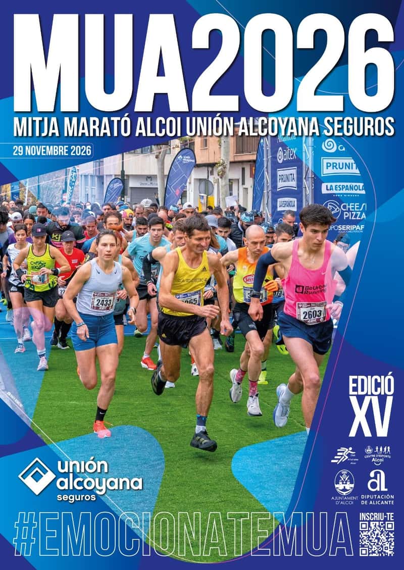 XV Mitja Marató Alcoi Unión Alcoyana Seguros MUA 2026 en Alcoy (0.2km, 0.5km, 1km, 1.5km, 1.5km, 21.097km, 10.548km, 10.548km, 10.548km)