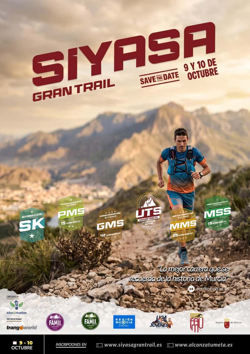 Siyasa Gran Trail 2026 en Cieza (0.2km, 0.3km, 0.5km, 0.5km, 65km, 42km, 25km, 15km, 15km, 6km, 6km, 8km)