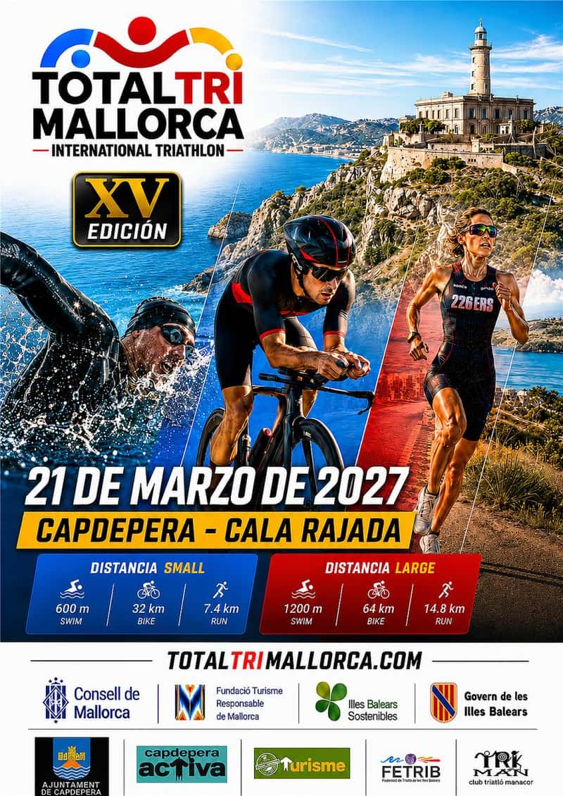 XV Totaltri Mallorca International Triathlon 2027 en Cala Rajada (600m, 32km, 7.4km, 1200m, 64km, 14.8km)