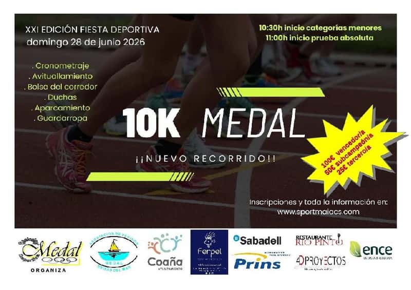 XXI Edición Fiesta Deportiva 10K Medal - Carrera Popular 2026 en Medal (1km, 2km, 0.9km, 1.8km, 1.8km, 10km, 10km, 10km, 10km, 10km)